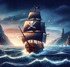 A privateer pirate ship with the pirate flag sails on the ocean off a rocky coast, AI generated, AI