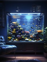 Large vibrant aquarium centerpiece in a cozy living room, AI generated