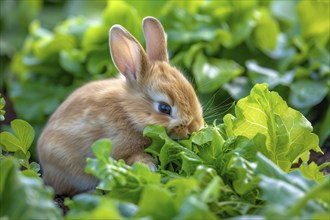 Cute bunny eating salad in garden. KI generiert, generiert, AI generated