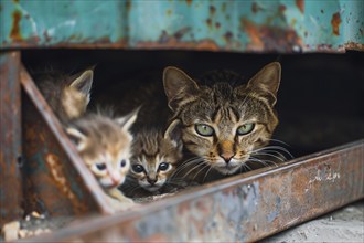 Stray cat with kittens hiding under object. KI generiert, generiert, AI generated