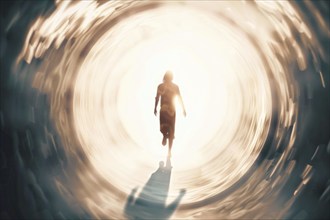 A person walks through a tunnel into the light, symbolic image for near-death experience, death,