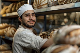 Baker with fresh loaves of bread in industrial kitchen. KI generiert, generiert, AI generated