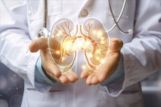 Doctor's hands holding virtual glowing image of human kidneys. KI generiert, generiert, AI