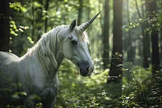 Beautiful white unicorn in forest. KI generiert, generiert, AI generated