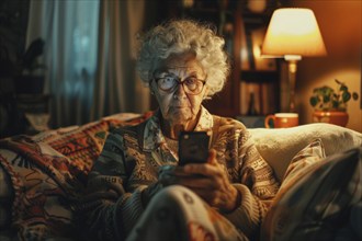 An elderly woman sits on her couch in her living room and looks worried, scared, unsettled at her