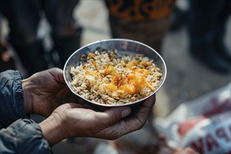 Close up of person's hand holding plate with food at charity food distribution. KI generiert,