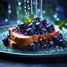 AI generated surreal food art blending a gourmet dish exact spheres of blueberry caviar