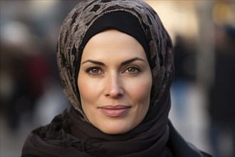 Face of beautiful muslim woman with hijab headscarf with blurry city street in background. KI