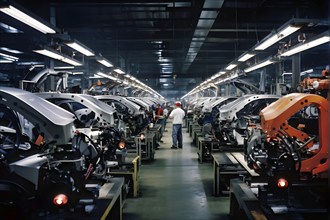 AI generated automotive assembly line in car manufacturing progression with automated machines