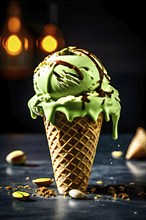 AI generated pistachio flavored gelato atop a crispy waffle cone