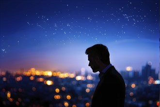 AI generated profile of a businessman with a double exposure of city lights, representing business