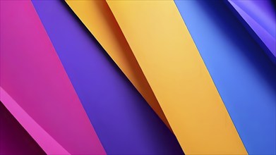 Illustration of abstract geometric flat lay composition of papers in hues of purple yellow magenta