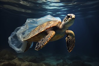 Turtle caught in plastic bag in ocean. KI generiert, generiert AI generated