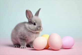 Cute bunny with pastel painted Easter eggs on blue and pink background. KI generiert, generiert AI