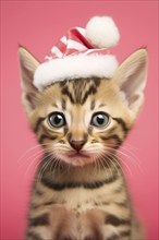 Young bengal cat kitten with striped Santa hat on pink background. KI generiert, generiert AI