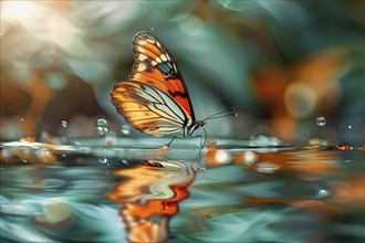 Beautiful stylized colored crystal butterfly on water, AI generated