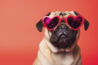 Funny pug dog with heart shaped sunglasses on red background. KI generiert, generiert AI generated