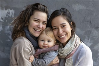 Happy female homosexual couple with young child. Generative Ai, AI generated