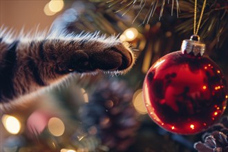 Close up of paw of cat playfully reaching for red Christmas tree bauble. Generative AI, AI