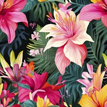 Illustration background of lush floral pattern with vivid flowers and leaves, AI generated