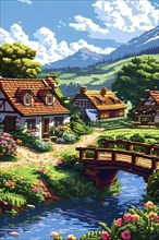 Pixel art illustration of a cozy village in summer with vibrant green roofs and blooming flowers,