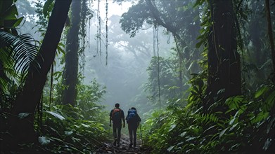 Adventurous couple hiking through dense amazon rainforest, AI generated