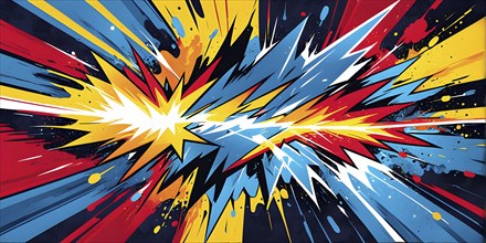 Abstract pop art comic illustration in vibrant colors with thunderbolt crackling across the canvas,