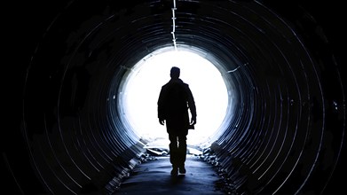 Silhouette of a man at a tunnels entrance with a stark contrast, AI generated