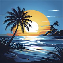 Minimalistic paper art illustration of a tropical beach with blue ocean and palm trees, AI