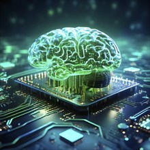 Human brain intricately interlinked with the circuits of a computer board symbolizing artificial