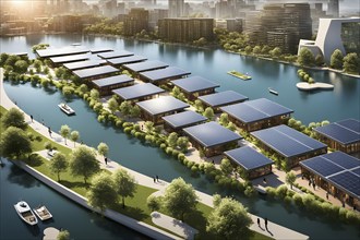 3d rendering of a sustainable engaged waterfront development with floating solar panels, AI