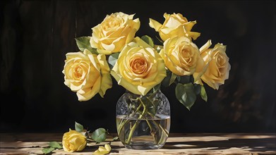 Vase of yellow roses aligned on an aged oak wood table, AI generated