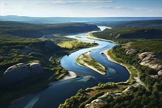 Aerial view of a meandering river winding through a nordic landscape, AI generated