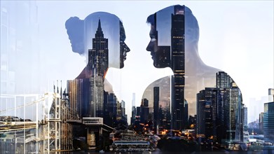 Digital representation of a multiple exposure photograph featuring a cyber human and an urban