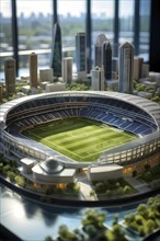 Scale model of soccer stadium on a polished conference table, AI generated