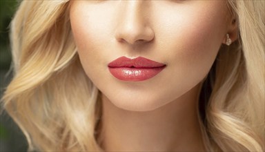 Close-up of lips with pink lipstick and blonde hair of a woman, AI generated, AI generated