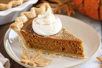 Single slice of pumpkin pie with cream on plate. Generative Ai, AI generated