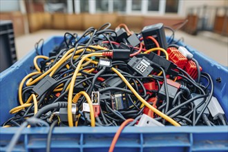 A container filled with electronic waste and cables, data cables, power cables, symbolic image for