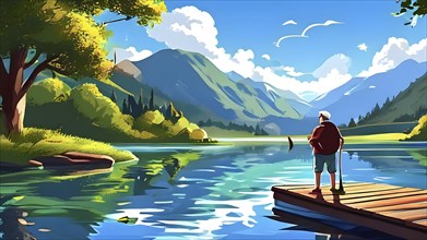 Cartoon vector illustration of an elderly man at a tranquil mountain lake, AI generated