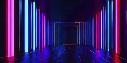 Abstract panoramic neon background with straight vertical glowing lines, AI generated