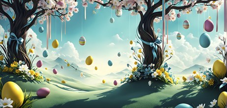 Surreal Easter scene with floating eggs, ribbons, and flowers in a dreamlike, whimsical composition