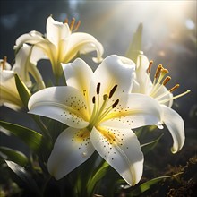 Blooming Easter lilies with soft white petals and a yellow center, bathed in gentle sunlight, AI