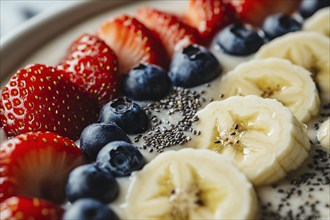 Close up of healthy breakfast bowl with yoghurt, chia seeds and fresh strawberry, blackberry and