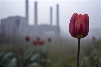 Tulip flowers and factory with grey fumes in background. Generative Ai, AI generated