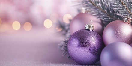 Christmas banner with pink and purple bauble ornaments on pink background with copy space.