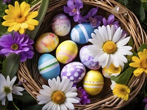 Vibrant-colored Easter eggs in a wicker basket, surrounded by delicate spring flowers, AI generated