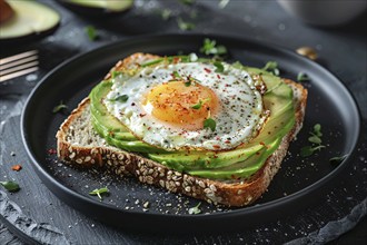 Slice of bread with avocado and fried egg. Generative AI, AI generated