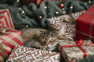 Cat sleeping between Christmas presents. Generative Ai, AI generated