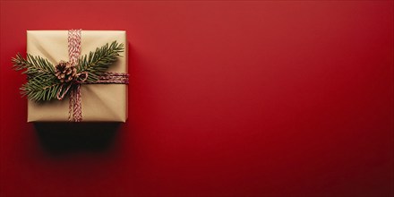 Banner with small Christmas gift box wrapped in graft paper on red background with copy space.