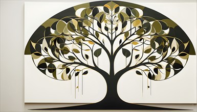 Abstract geometric tree with a circular canopy and a rectangular trunk, arranged in a clean,